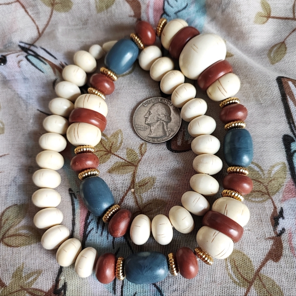 Blue Cream Brick Lucite Acrylic Beaded Vintage Necklace Fall Colors - Picture 5 of 5